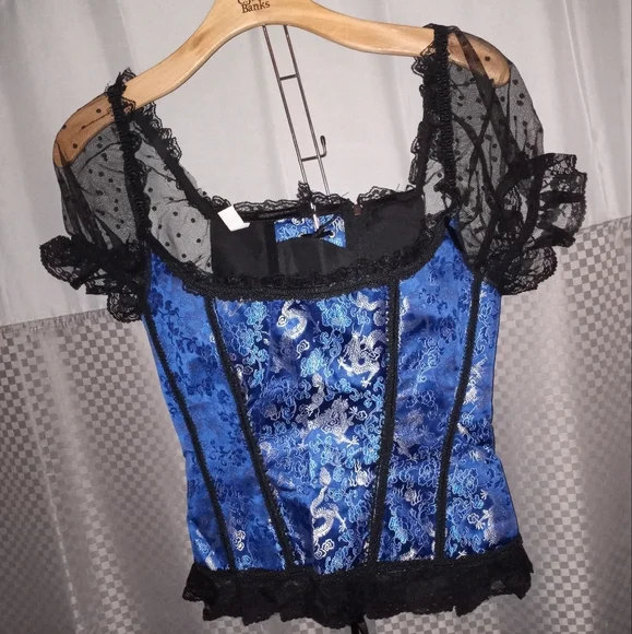 blue and black corset with zip up back closure lace puff sleeve with dot details - Picture 7 of 7
